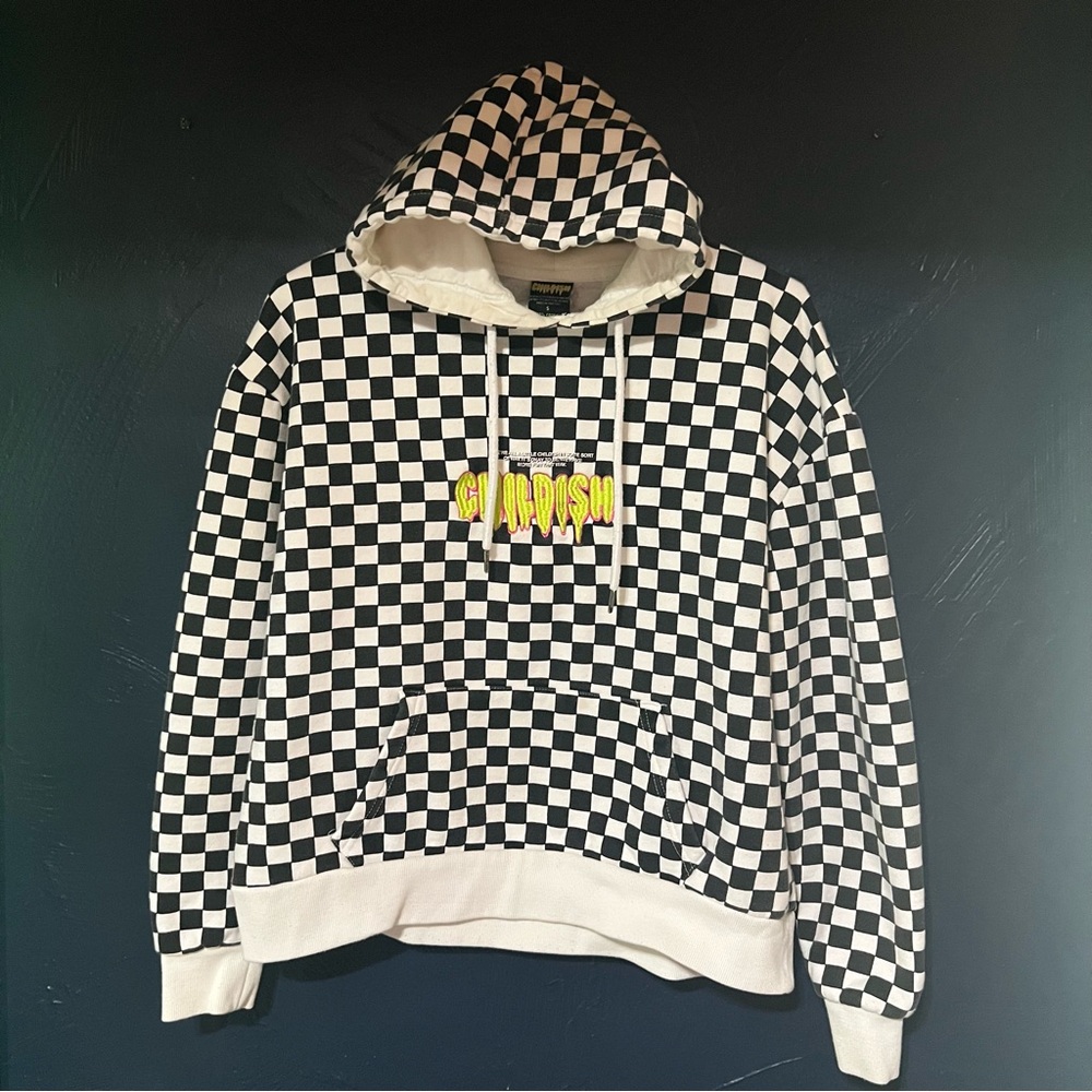 Skater Childish big logo streetwear hoodie Checkered Black and White